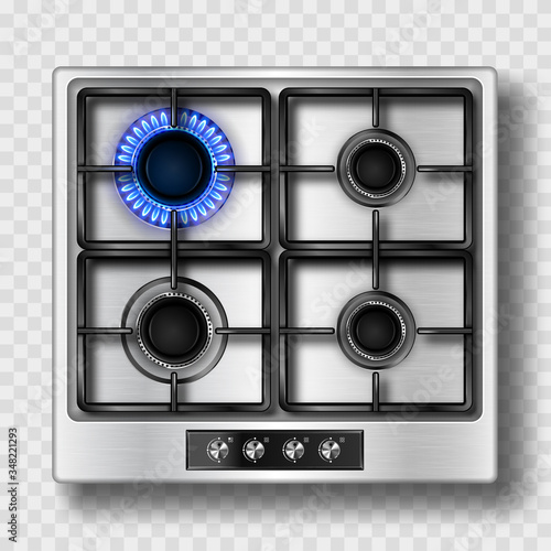 Slika na platnu Gas stove top view with blue flame and black steel grate