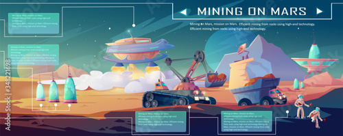 Mining on Mars infographics. Planet and space colonization, excavator and truck driving near alien futuristic buildings and astronauts. minerals exploration and extraction, Cartoon vector illustration