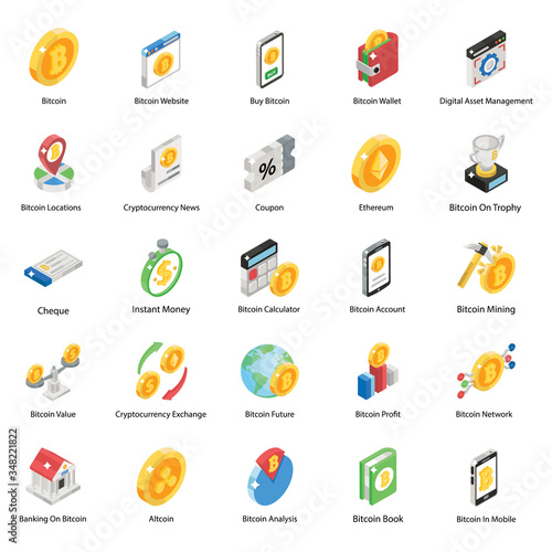  Pack Of Bitcoin Isometric Icons 