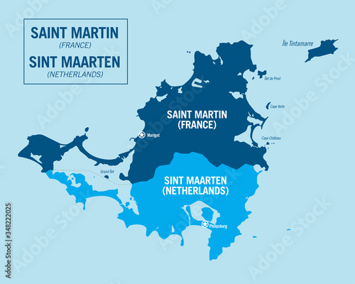 Saint Martin island, France. Sint Maarten island, Netherlands. Detailed political vector map with isolated regions, cities and islands.