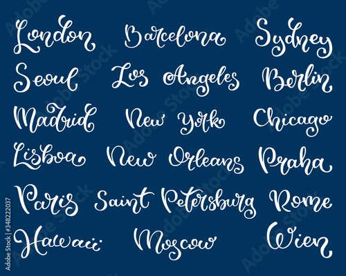 Hand lettering city names. London, Seoul, Madrid, Lisboa, Paris, Hawaii, Barcelona, Los Angeles, New York, New Orleans, St. Petersburg, Moscow, Sydney, Berlin, Chicago, Prague, Rome, Wien.