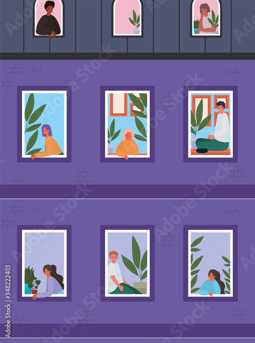 People looking out the windows from purple building vector design