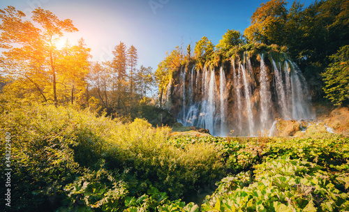 Majestic view on turquoise water and sunny beams. Location Plitvice Lakes National Park  Croatia  Europe.