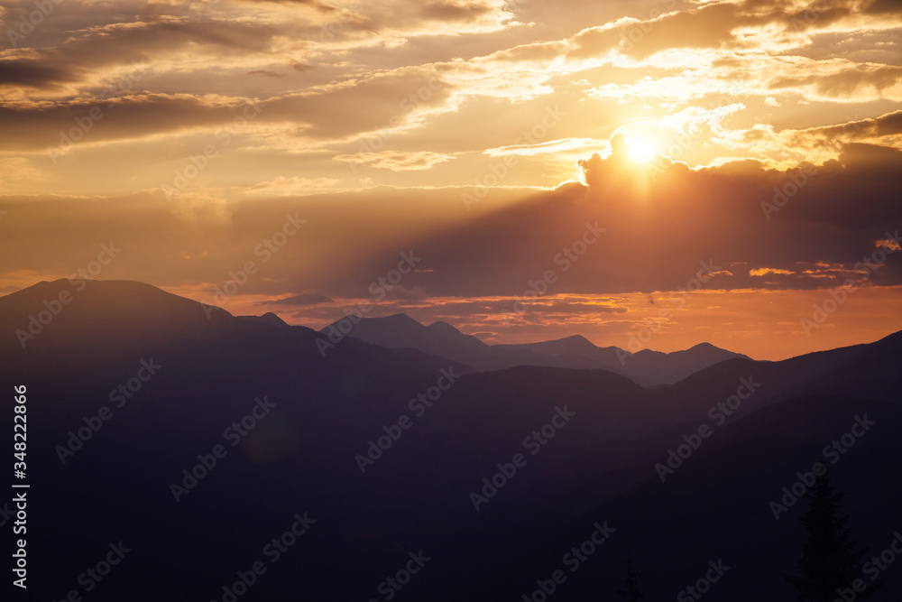 Awesome sunset in the alpine highlands. Location place Carpathian mountains, Ukraine, Europe. Awesome sunset in the alpine highlands. Location place Carpathian mountains, Ukraine, Europe.