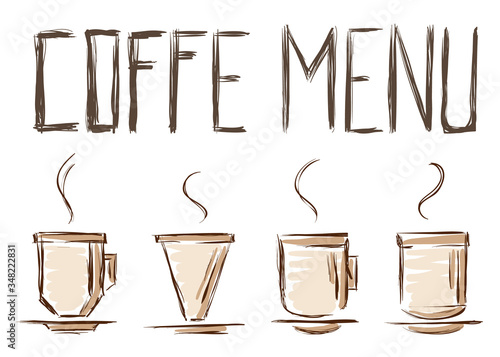 Hand-drawn geometric cups of coffee without background. Coffee menu. Isolated 