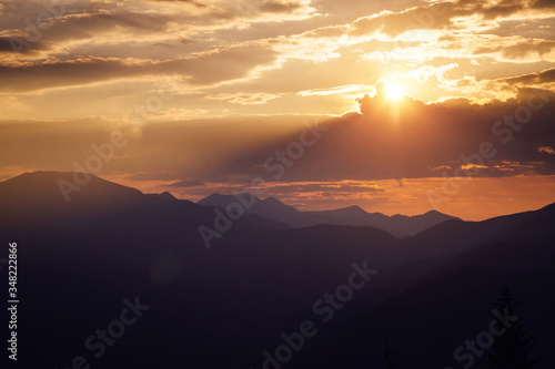 Awesome sunset in the alpine highlands. Location place Carpathian mountains, Ukraine, Europe.