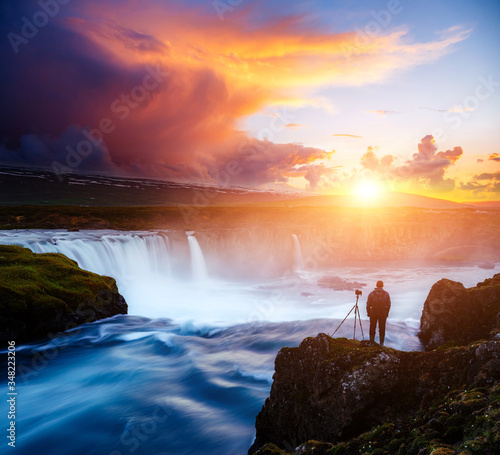 Great rapid flow of water powerful Godafoss cascade. Location place Skjalfandafljot river, Iceland.