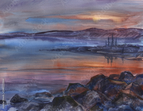 Watercolor sketch: Lapland midnight sun