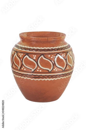brown vintage clay pot with drawings isolated on white background