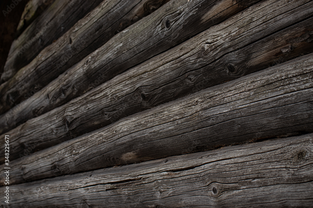 Texture of an old wooden wall closeup - gray log cabin Texture of an old wooden wall closeup - gray log cabin