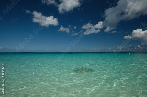 Crystal clear waters and pinkish sands on empty seven mile beach on tropical carribean Grand Cayman Island