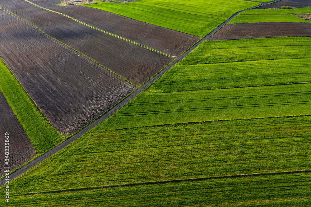 Spring at the polish fields. Drone action - above Polish spring fields