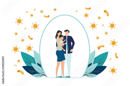 Happy parents with children is protected from viruses and diseases. Good immunity, vaccination and a healthy lifestyle. Family portrait in trendy style. Flat vector illustration