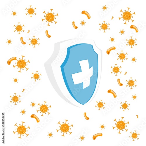 Immune system vector icon logo. Protection against bacteria health viruses. Blue shield with a white cross and around it a virus on a white background. Vector illustration