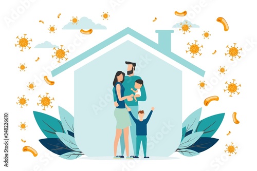 Happy parents with children is protected from viruses and diseases. Good immunity, vaccination and a healthy lifestyle. Family portrait in trendy style. Flat vector illustration