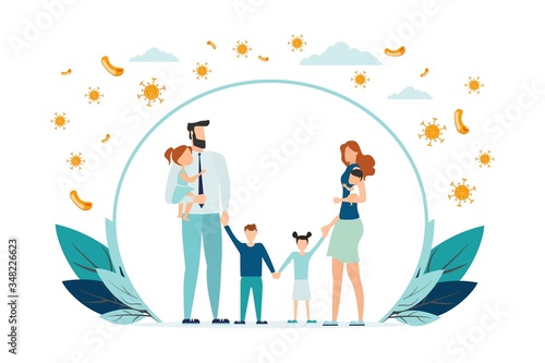 Happy parents with children is protected from viruses and diseases. Good immunity, vaccination and a healthy lifestyle. Family portrait in trendy style. Flat vector illustration