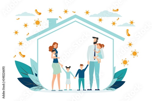Happy parents with children is protected from viruses and diseases. Good immunity, vaccination and a healthy lifestyle. Family portrait in trendy style. Flat vector illustration