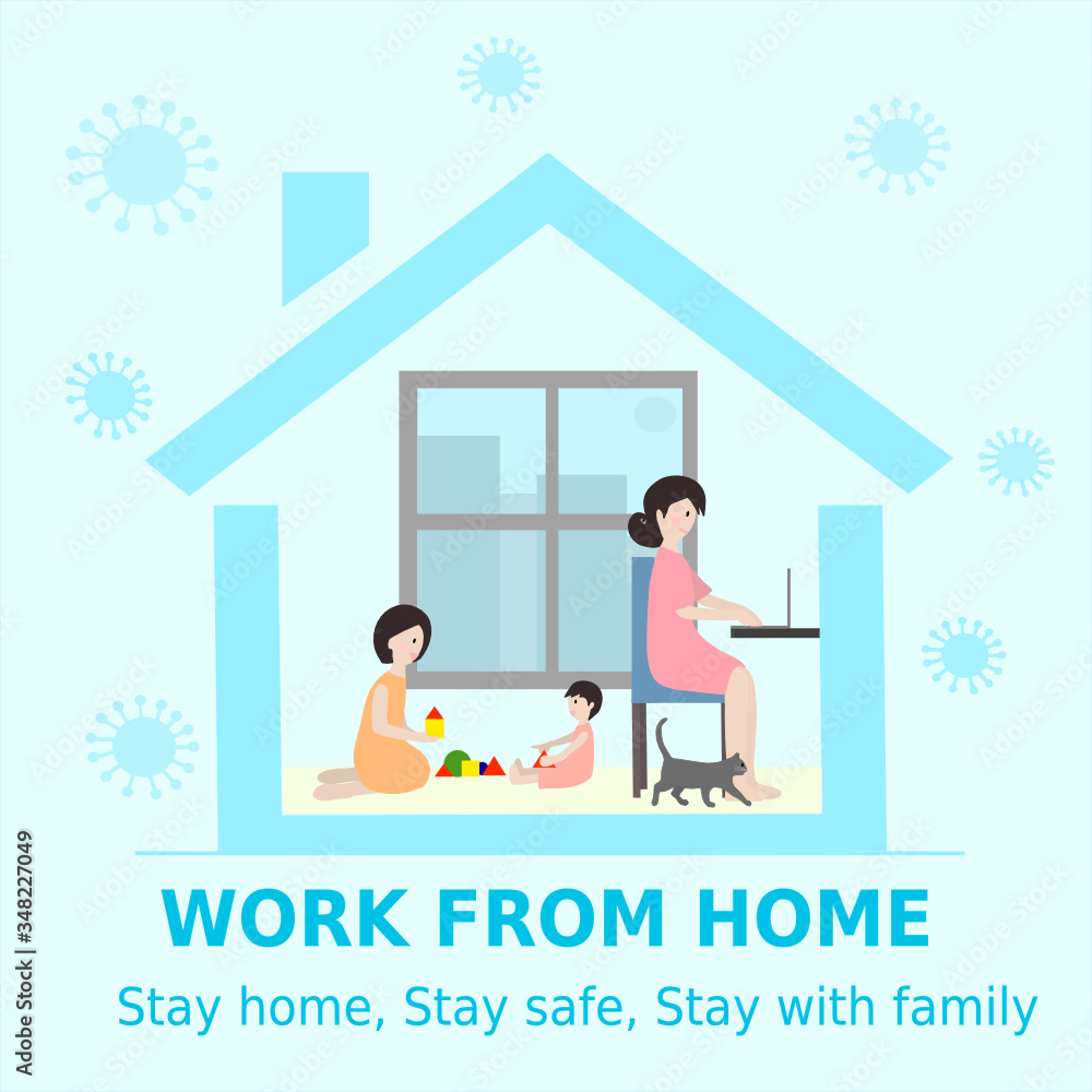 Woman is works from home by using laptop and has kids (girl) playing around. Stay at home during the coronavirus epidemic. Remote work from home during Quarantine.family together. Woman is works from home by using laptop and has kids (girl) playing around. Stay at home during the coronavirus epidemic. Remote work from home during Quarantine.family together.