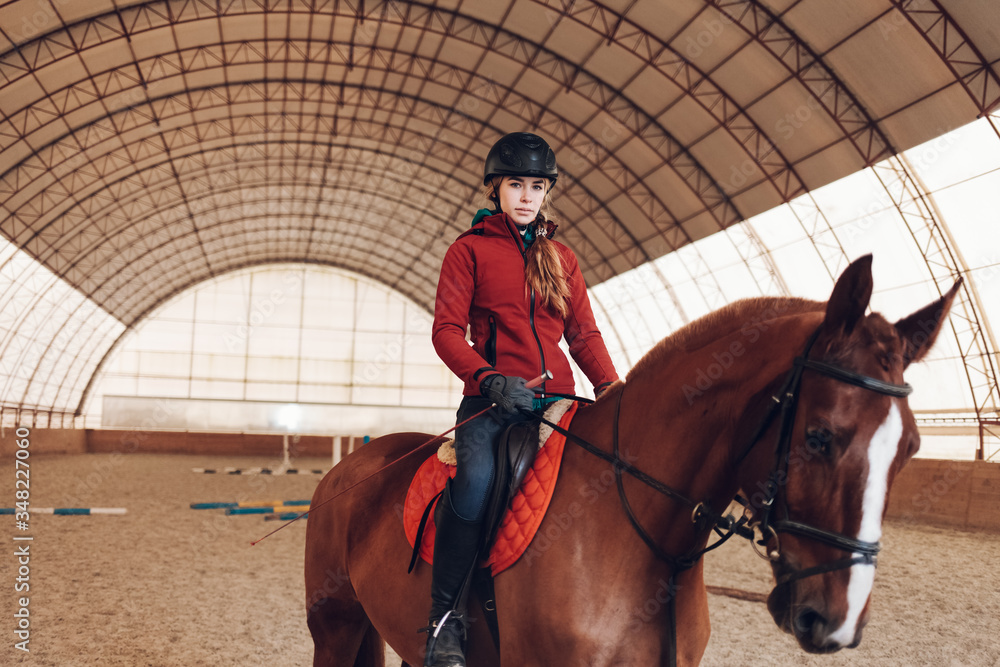 Pretty young woman riding a horse in the arena for equestrian sport Pretty young woman riding a horse in the arena for equestrian sport