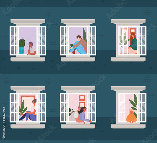 People looking out the windows from blue building vector design