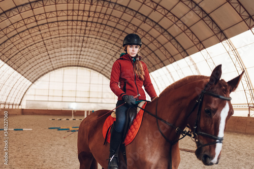 Pretty young woman riding a horse in the arena for equestrian sport © Andrii 