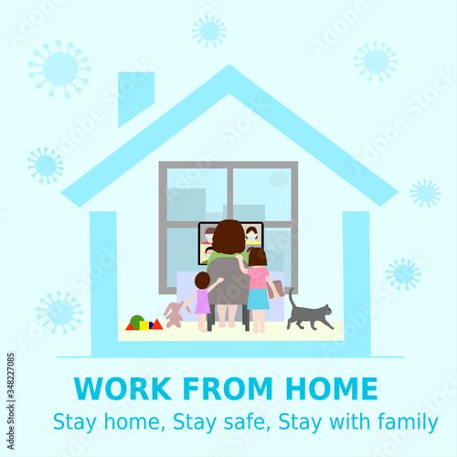 Woman is works from home and has kids playing around. Video conference with colleagues. Stay at home during the covid-19 epidemic. Remote work from home during Quarantine.family together with cat.