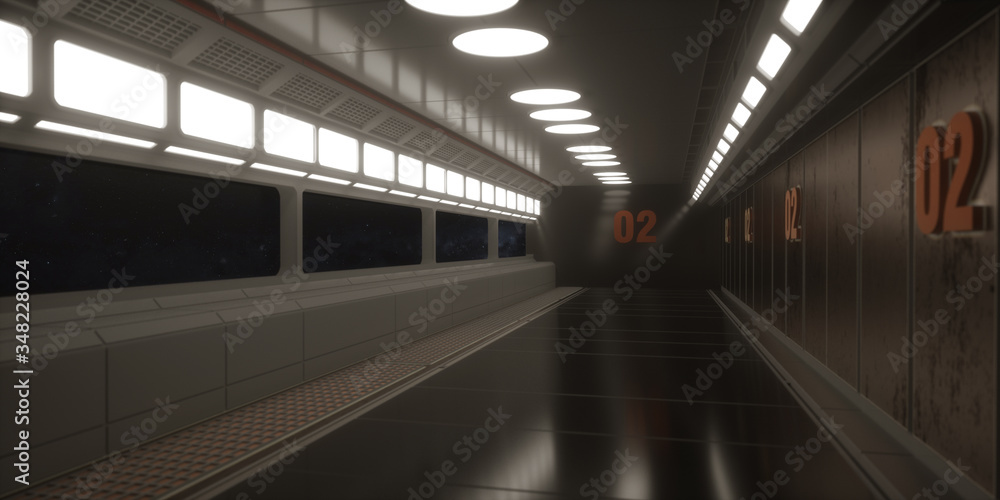 3d render. Futuristic spaceship scifi corridor architecture