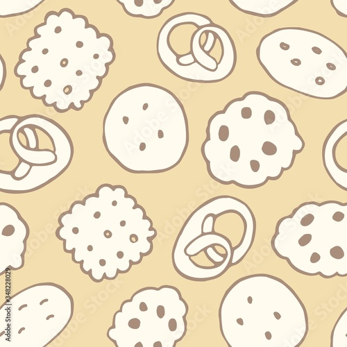 Vector seamless repeat pattern with crackers, cookies, biscuits and pretzels of different shapes in natural neutral colors tossed on a cream background