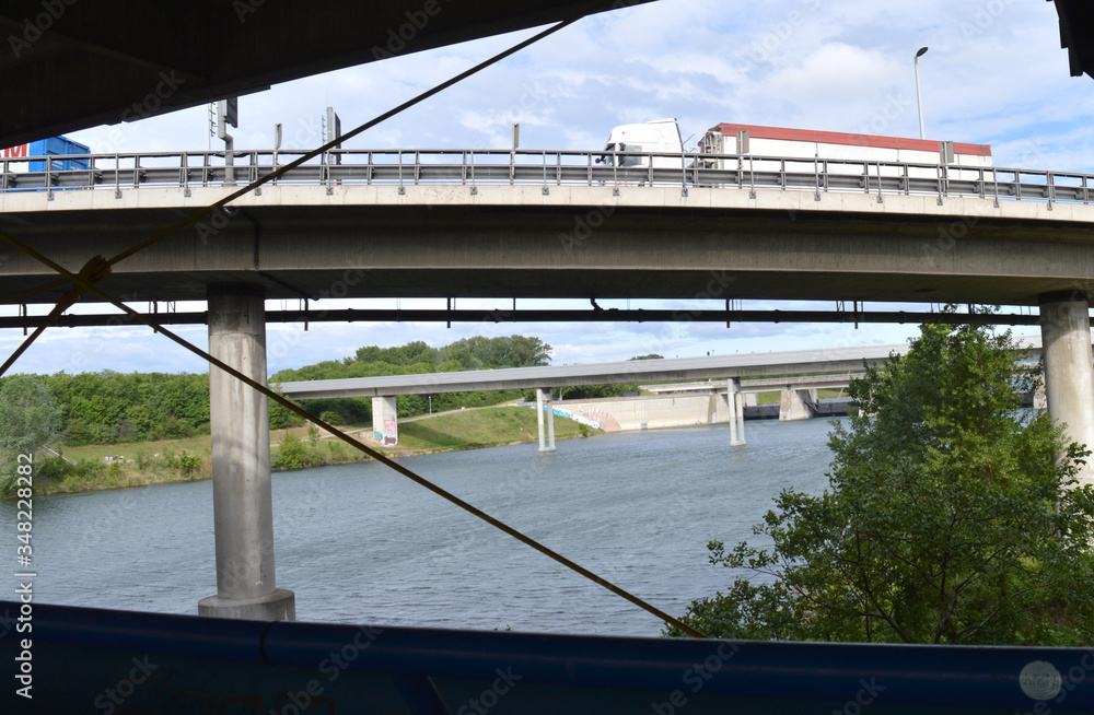 Autobahns and railway bridges over the river Autobahns and railway bridges over the river