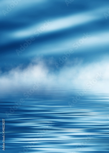 Background of night sea landscape. Night sky, clouds, full moon. Reflection of the moon on the water. Sunset on the sea horizon. Blue tinted blurred background.