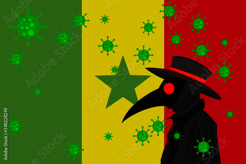 Black plague doctor surrounded by viruses with copy space with SENEGAL flag.
