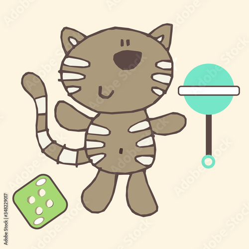 Fototapeta Naklejka Na Ścianę i Meble -  Funny little baby kitten and toys vector character illustration
