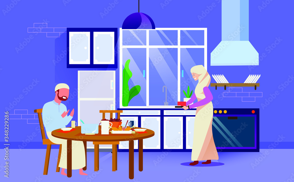 iftar in the month of Ramadan at the kitchen table dining room with the family. illustration of a modern children's book with a flat vector illustration design style