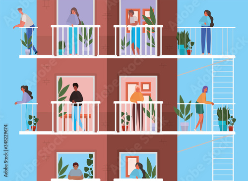 People looking out the windows with balconies from brown building vector design