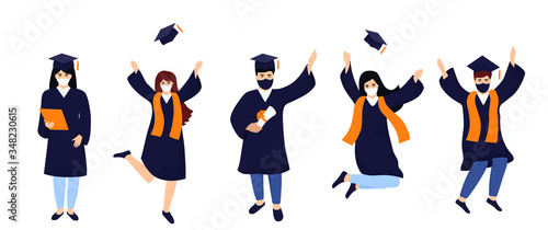 Graduates in protective medical masks celebrate 2020 graduation during coronavirus quarantine. Boys and girls having fun jump and toss up mortarboards and diplomas