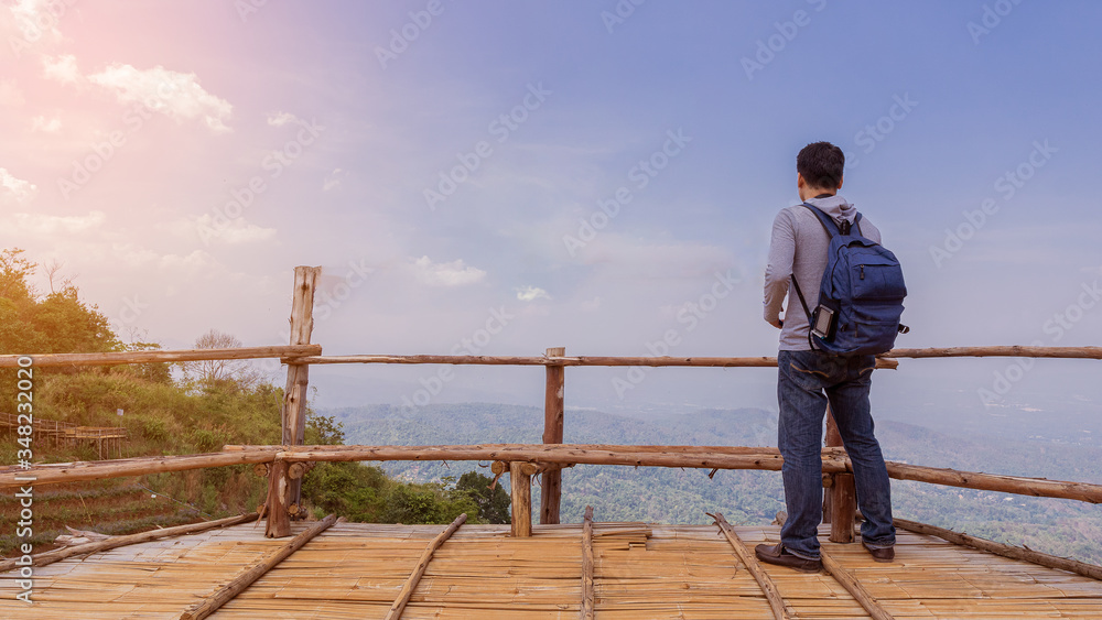 A man standing at the view of Mon Jam, Mae Riem, tourist attraction, Chiang Mai province, Thailand