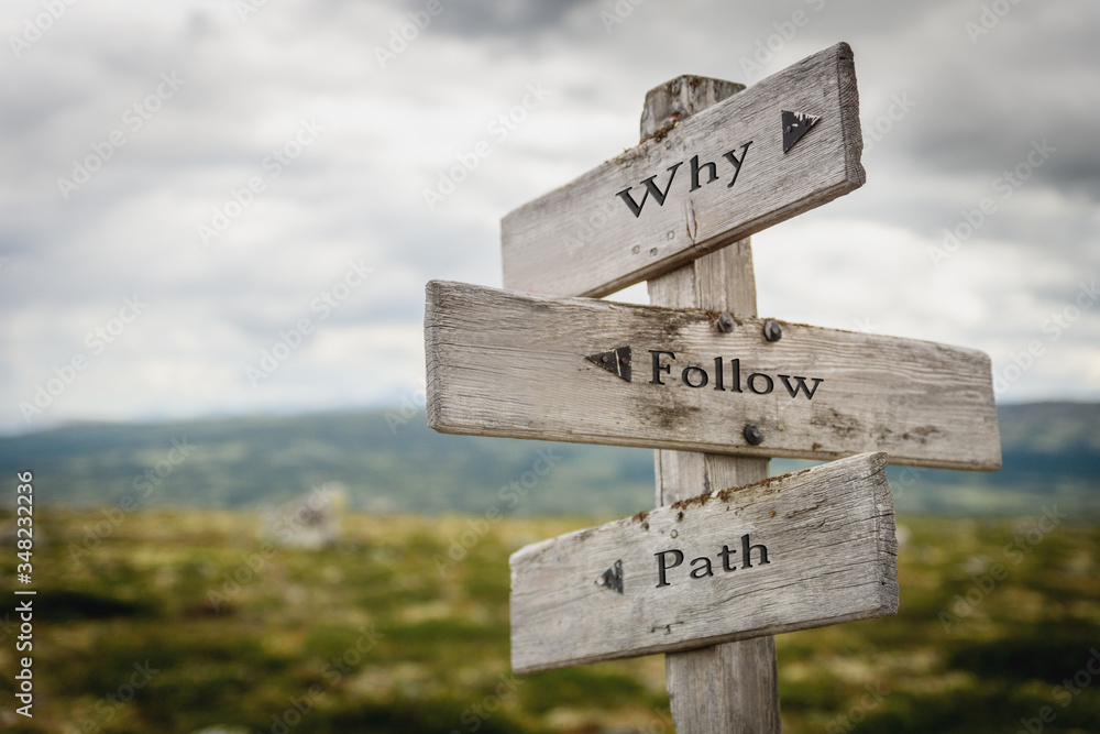 why follow path text engraved on old wooden signpost outdoors in nature. Quotes, words and illustration concept.