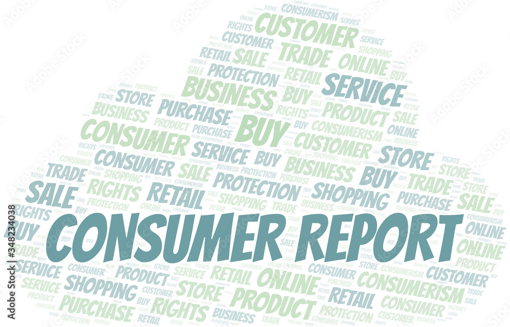 Consumer Report word cloud collage made with text only.