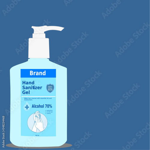 Hand sanitizer pump bottle with text on label on the blue background. Packaging design. Advertising of hand sanitizer. Hand disinfectant. Personal hygiene. Illustration vector. Sanitizing container.