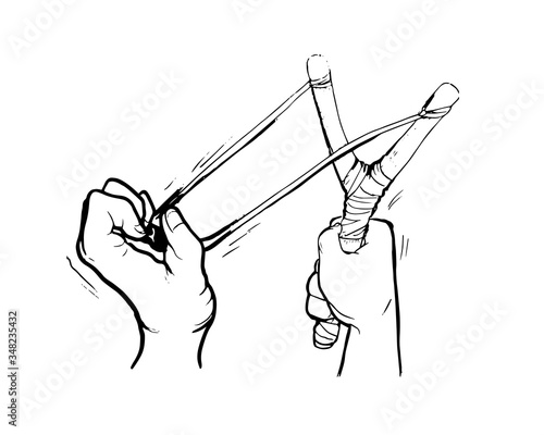 Drawing of a hand pulling back slingshot and aiming