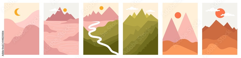 Trendy vector illustration backgrounds with colorful nature landscapes. Hills, mountains, clouds, sun, moon and road. Abstract geometric paper cut style set.