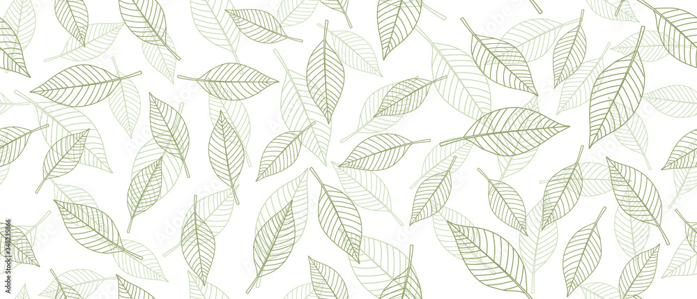 Green leaves seamless background on white background. Vector illustration.