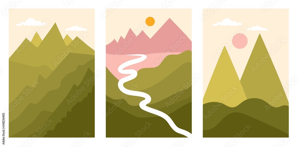 Trendy vector illustration backgrounds with colorful nature landscapes. Hills, mountains, clouds, sun and green forest. Abstract geometric paper cut style outdoor set