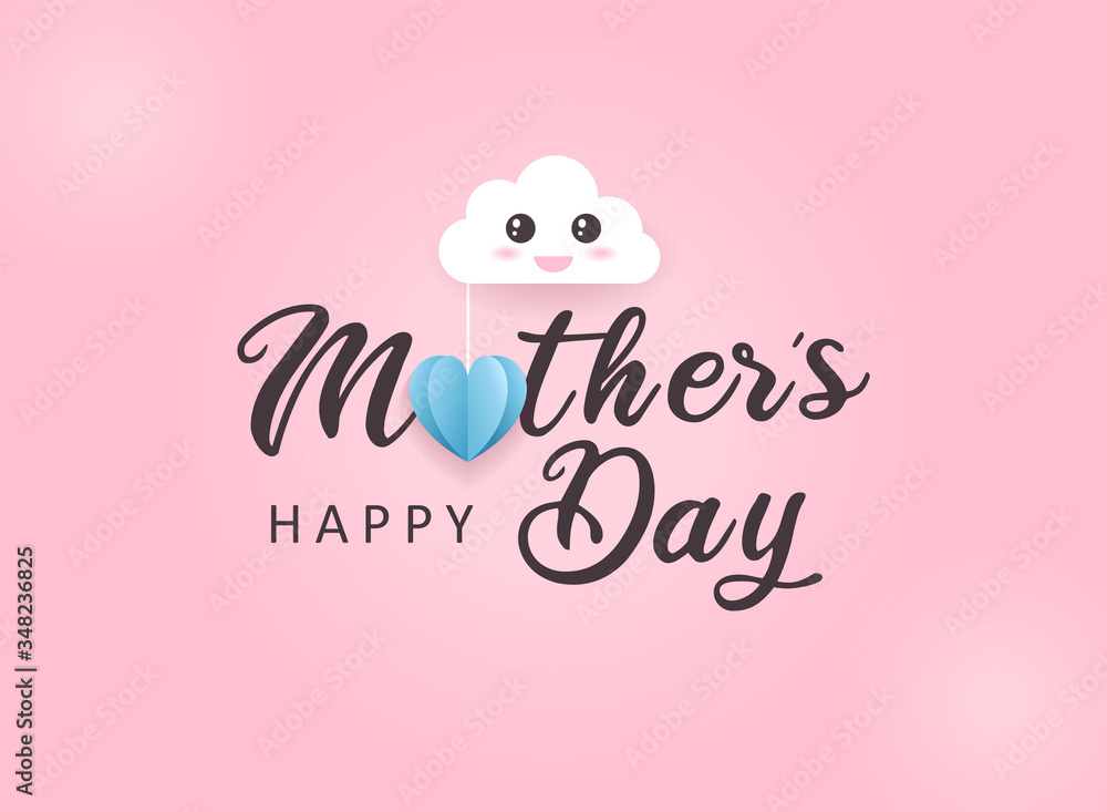 Mother's day greeting card. Vector banner with pink background and blue papercut heart. Concept illustration for promotion and shopping sale template. Symbol of love with the happy smiling cloud. Mother's day greeting card. Vector banner with pink background and blue papercut heart. Concept illustration for promotion and shopping sale template. Symbol of love with the happy smiling cloud.