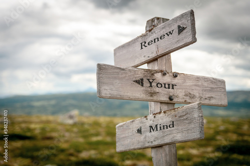 renew your mind text engraved on old wooden signpost outdoors in nature. Quotes, words and illustration concept.