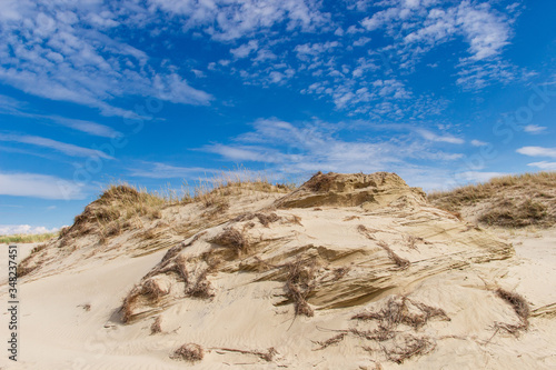 Blue sky and yellow sand in hot summer time. Desert without any one. Вeige sand on the dune. Close up shot. Dry grass and weathered hill. Lithuanian curonian spit national park. World heritage center.