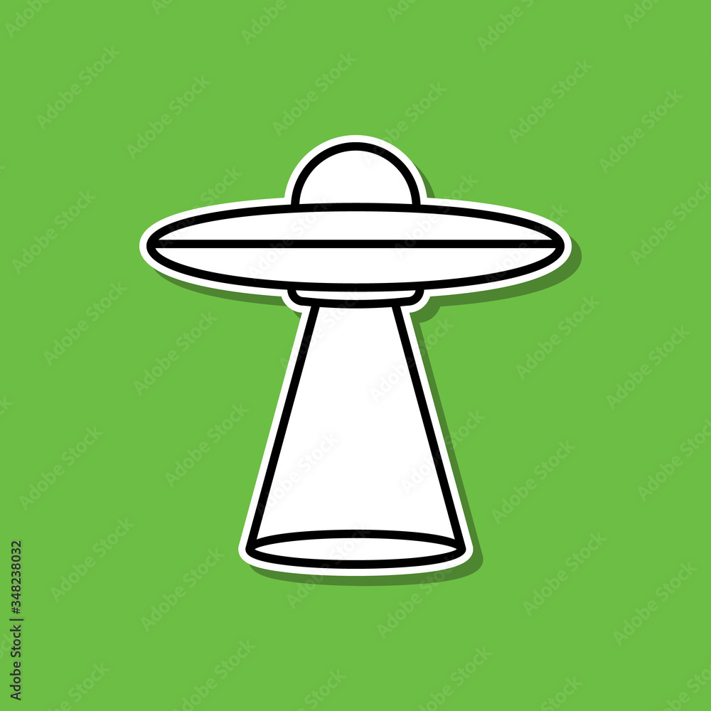 Alien flying machine sticker icon. Simple thin line, outline vector of cartooning space icons for ui and ux, website or mobile application Alien flying machine sticker icon. Simple thin line, outline vector of cartooning space icons for ui and ux, website or mobile application