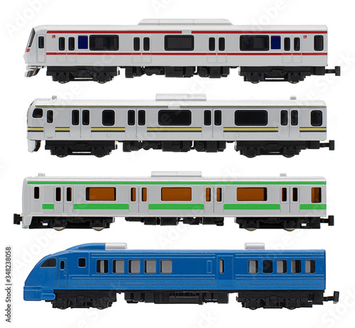 The train model on white background . Isolated train model . First class train . High speed train 