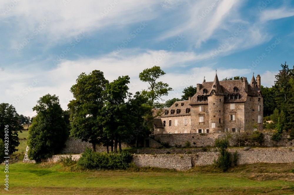 chateau of Fournels ,Lozere , France ,Ancient castle and gardens  in Lozere with blue skys  ,france.