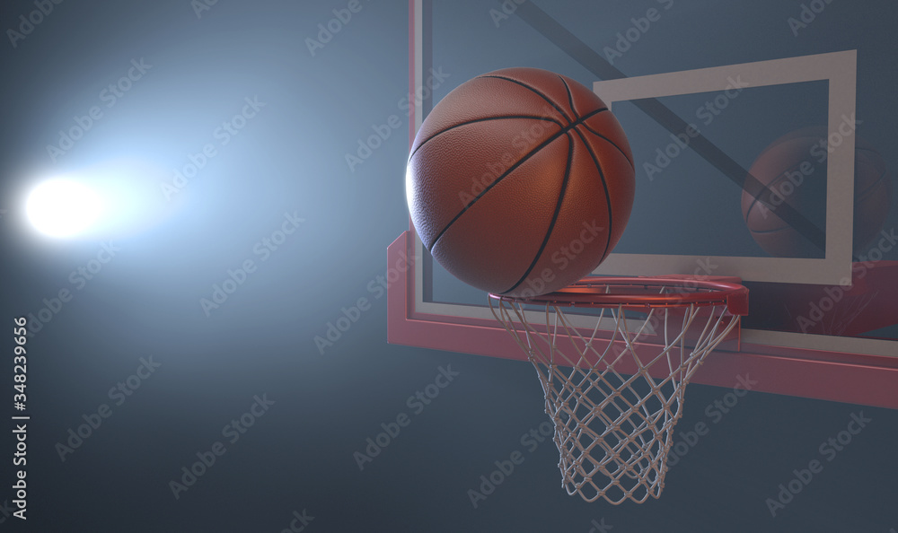 An action shot of a regular basketball teetering on the rim of a red basketball hoop dramatically spotlit from behind on an isolated dark background - 3D render